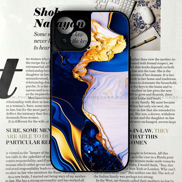 iPhone 15 - Blue Golden Marble - Premium Printed Glass soft Bumper Shock Proof Case