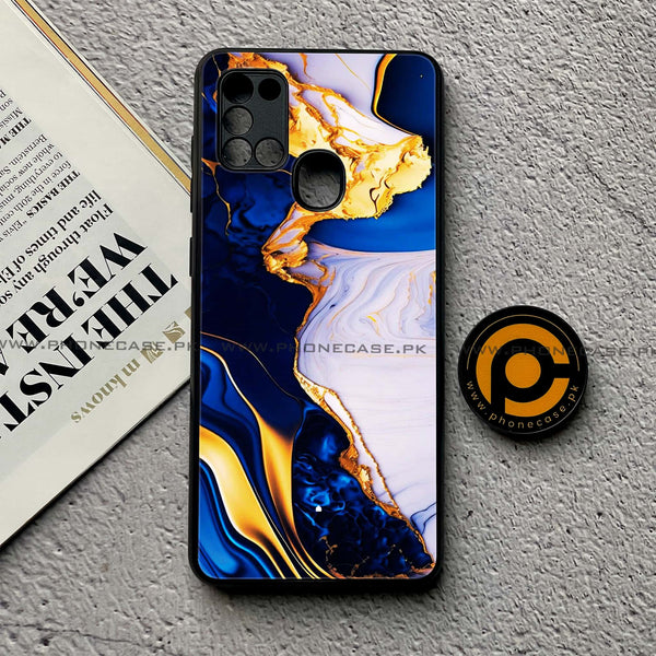 Samsung Galaxy A21s - Blue Golden Marble- Premium Printed Glass soft Bumper Shock Proof Case