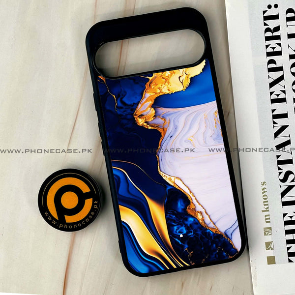 Google Pixel 9 Pro XL - Blue Golden Marble - Premium Printed Glass soft Bumper shock Proof Case