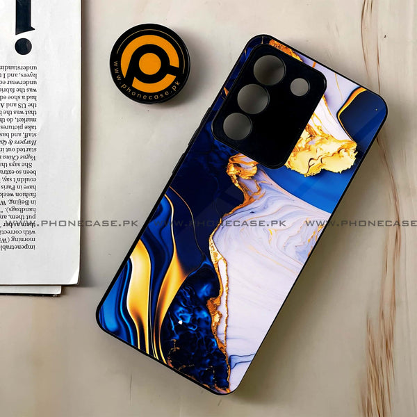 Vivo V29e - Blue Golden Marble - Premium Printed Glass soft Bumper shock Proof Case CS-39362
