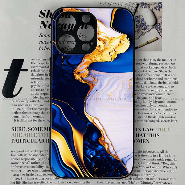 iPhone 16 Pro Max - Blue Golden Marble - Premium Printed Glass soft Bumper shock Proof Case