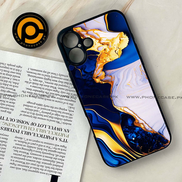 iPhone 16 Plus - Blue Golden Marble - Premium Printed Glass soft Bumper shock Proof Case