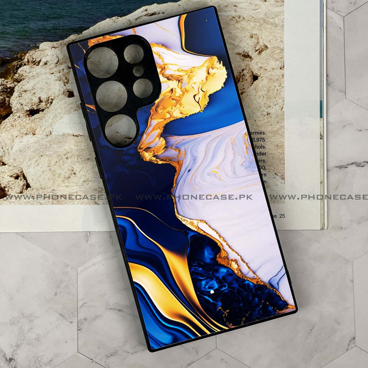Samsung Galaxy S23 Ultra - Blue Golden Marble - Premium Metal Printed soft Bumper shock Proof Case