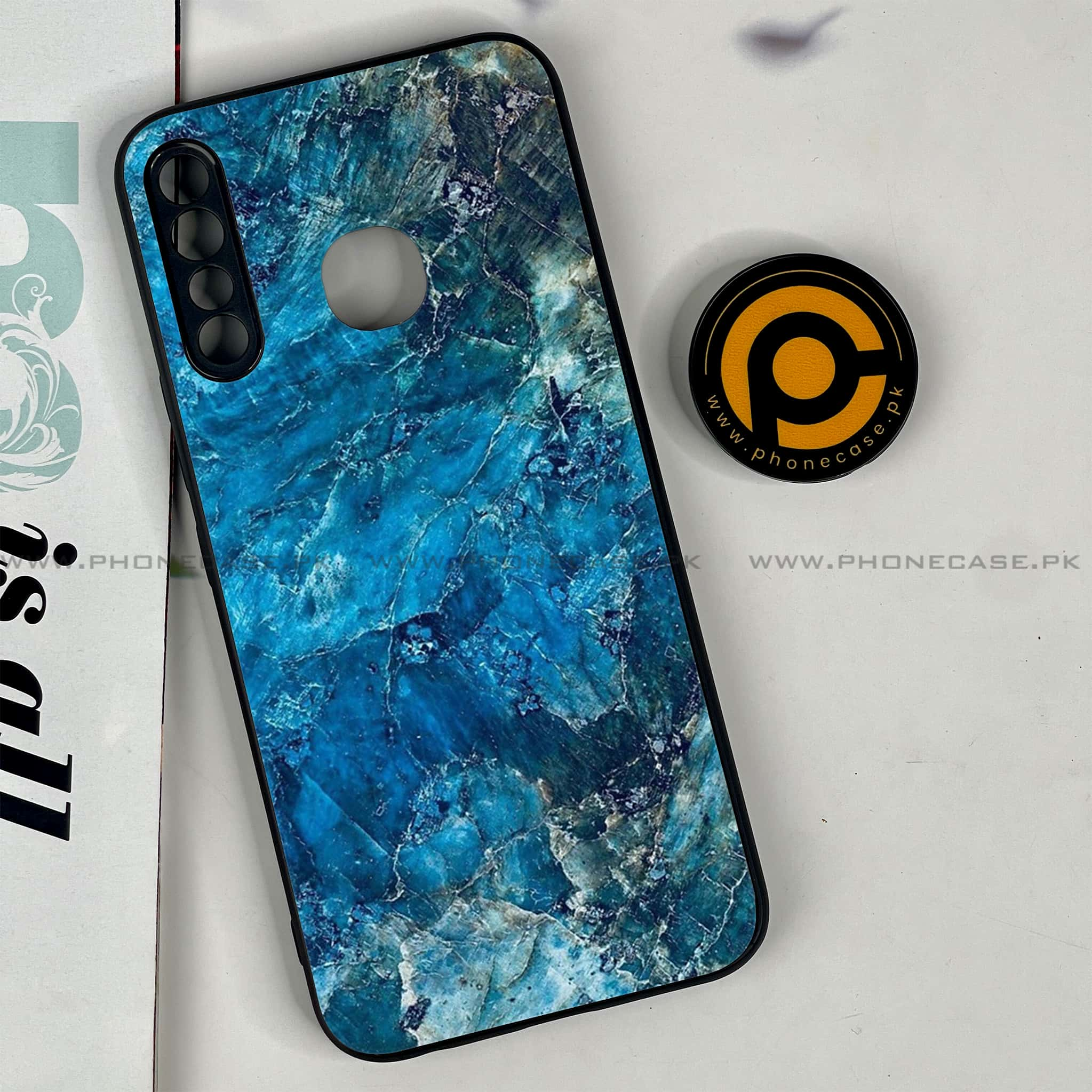 Infinix Hot 8 Lite - Blue Marble Series - Premium Printed Glass soft Bumper shock Proof Case