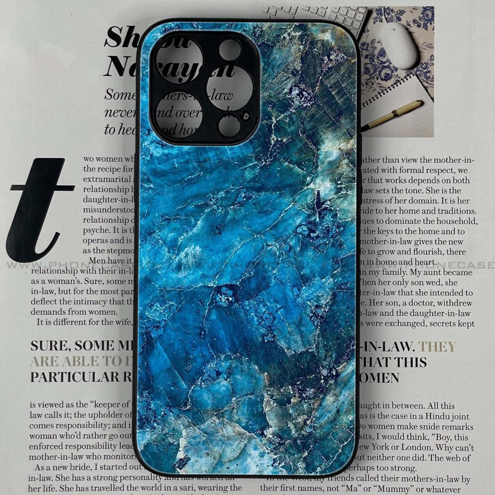 iPhone 14 Pro Max- Blue Marble Series - Premium Printed Glass soft Bumper shock Proof Case