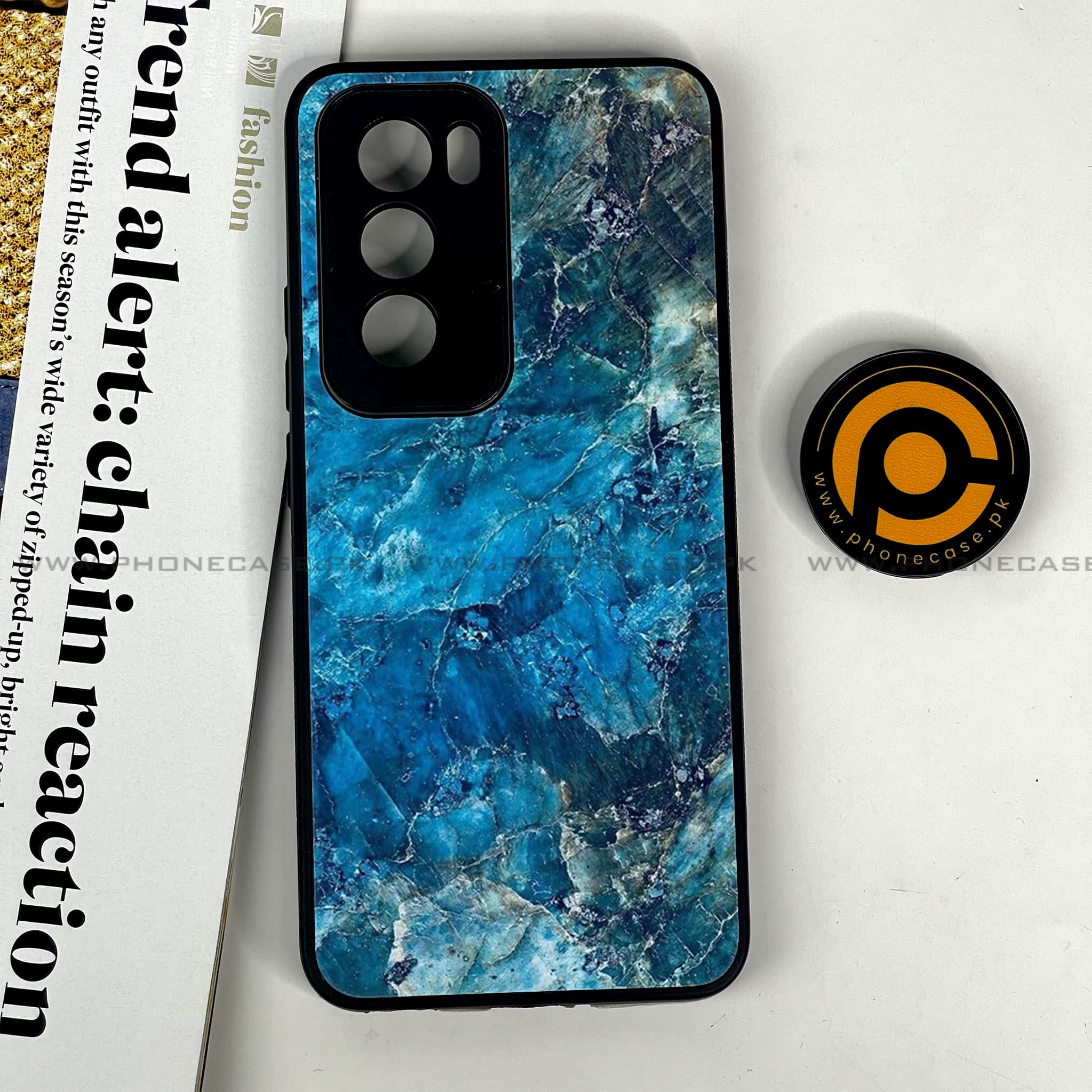 Oppo Reno 12 5G - Blue Marble Series - Premium Printed Glass soft Bumper shock Proof Case