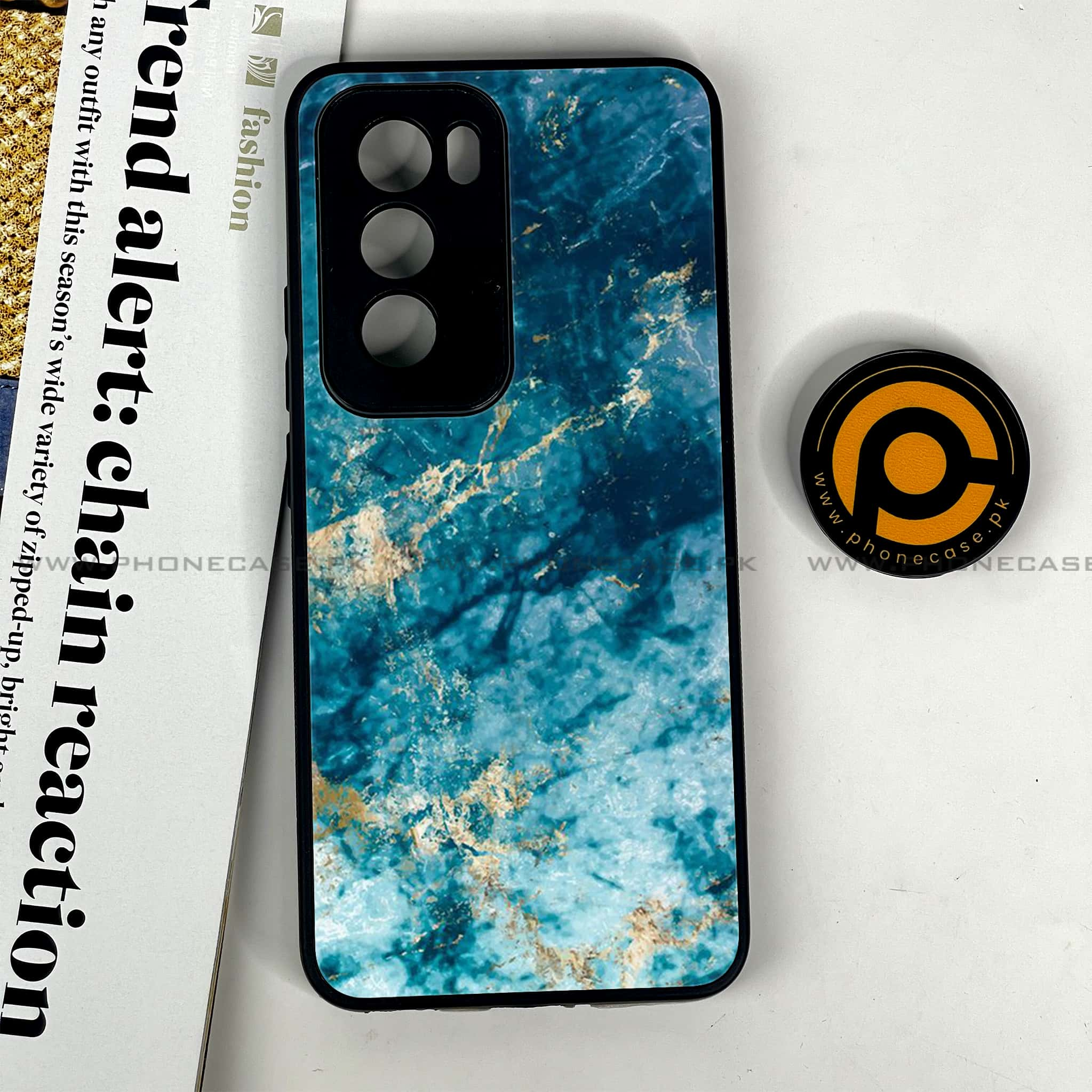 Oppo Reno 12 5G - Blue Marble Series - Premium Printed Glass soft Bumper shock Proof Case