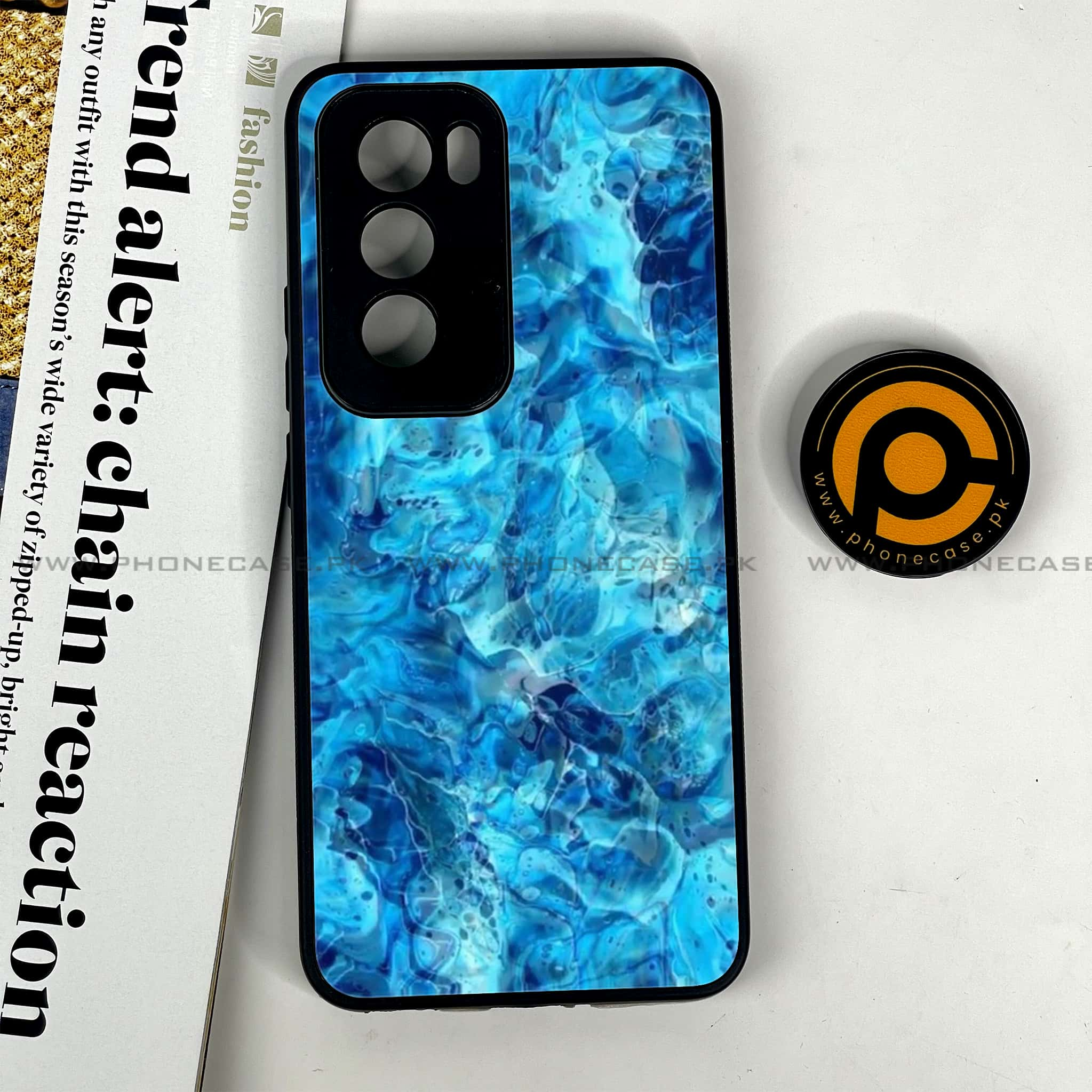 Oppo Reno 12 5G - Blue Marble Series - Premium Printed Glass soft Bumper shock Proof Case