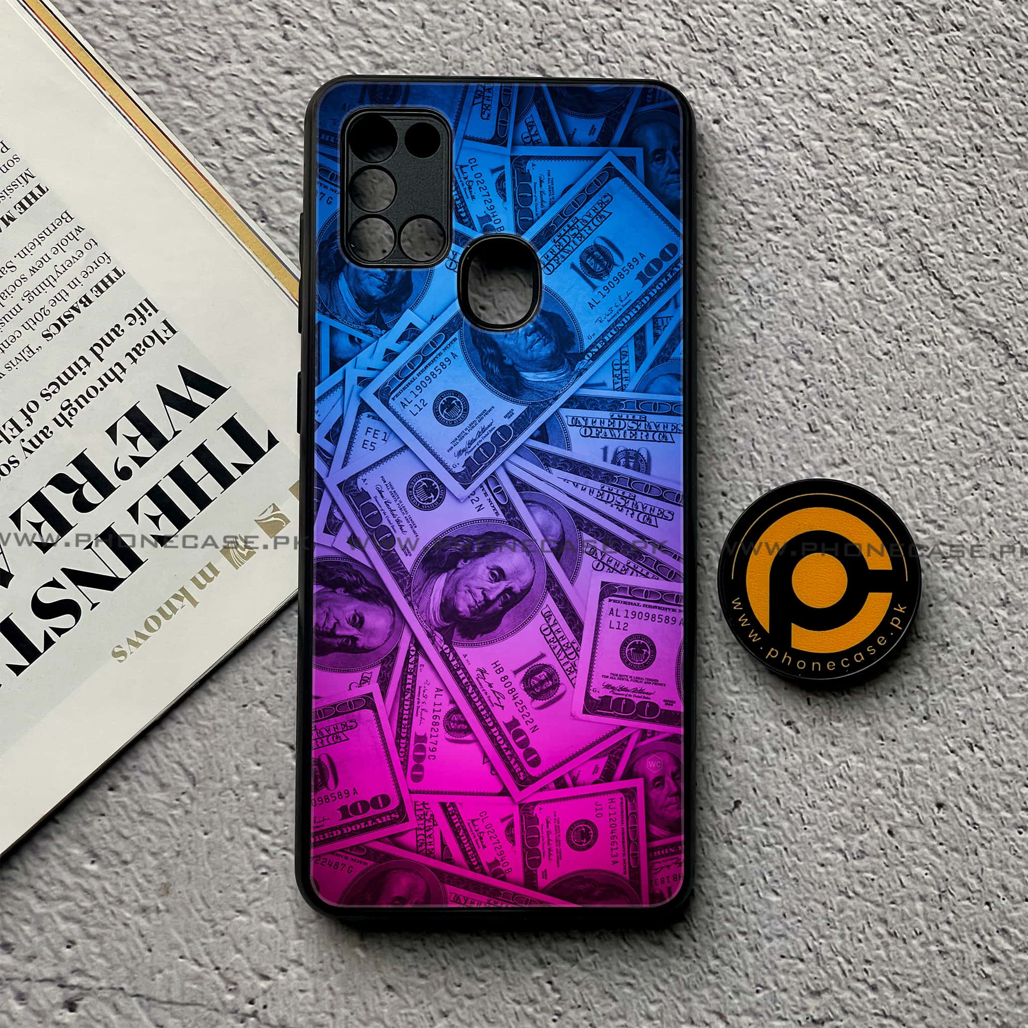 Samsung Galaxy A21s - Dollar Series - Premium Printed Glass soft Bumper shock Proof Case