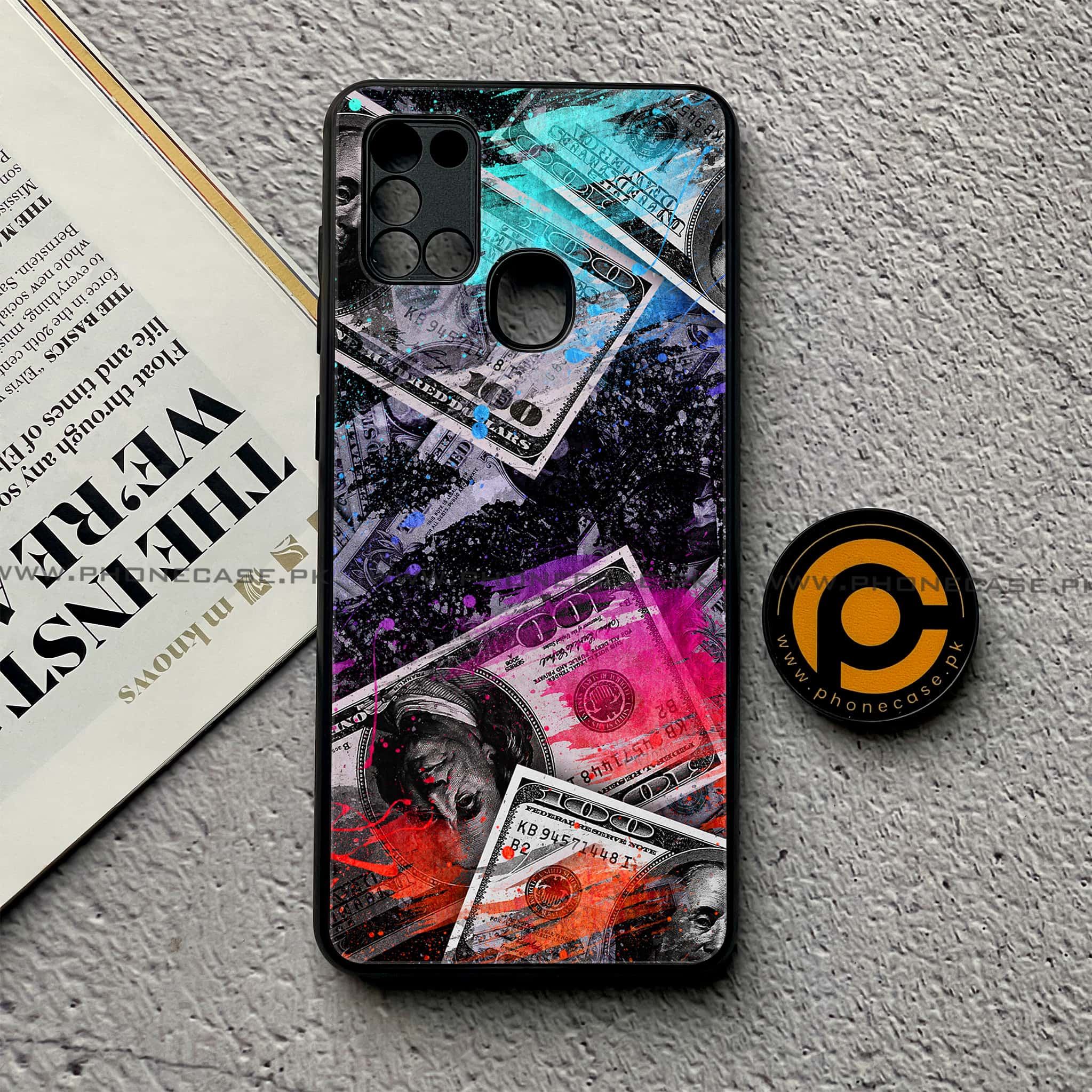 Samsung Galaxy A21s - Dollar Series - Premium Printed Glass soft Bumper shock Proof Case