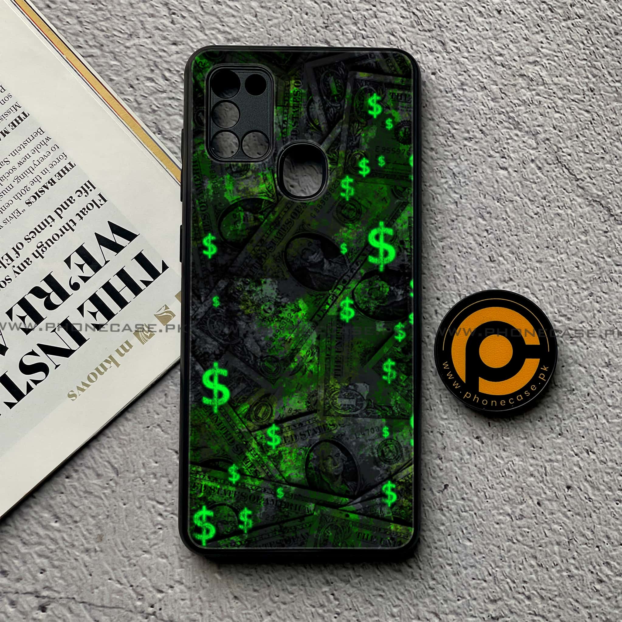 Samsung Galaxy A21s - Dollar Series - Premium Printed Glass soft Bumper shock Proof Case
