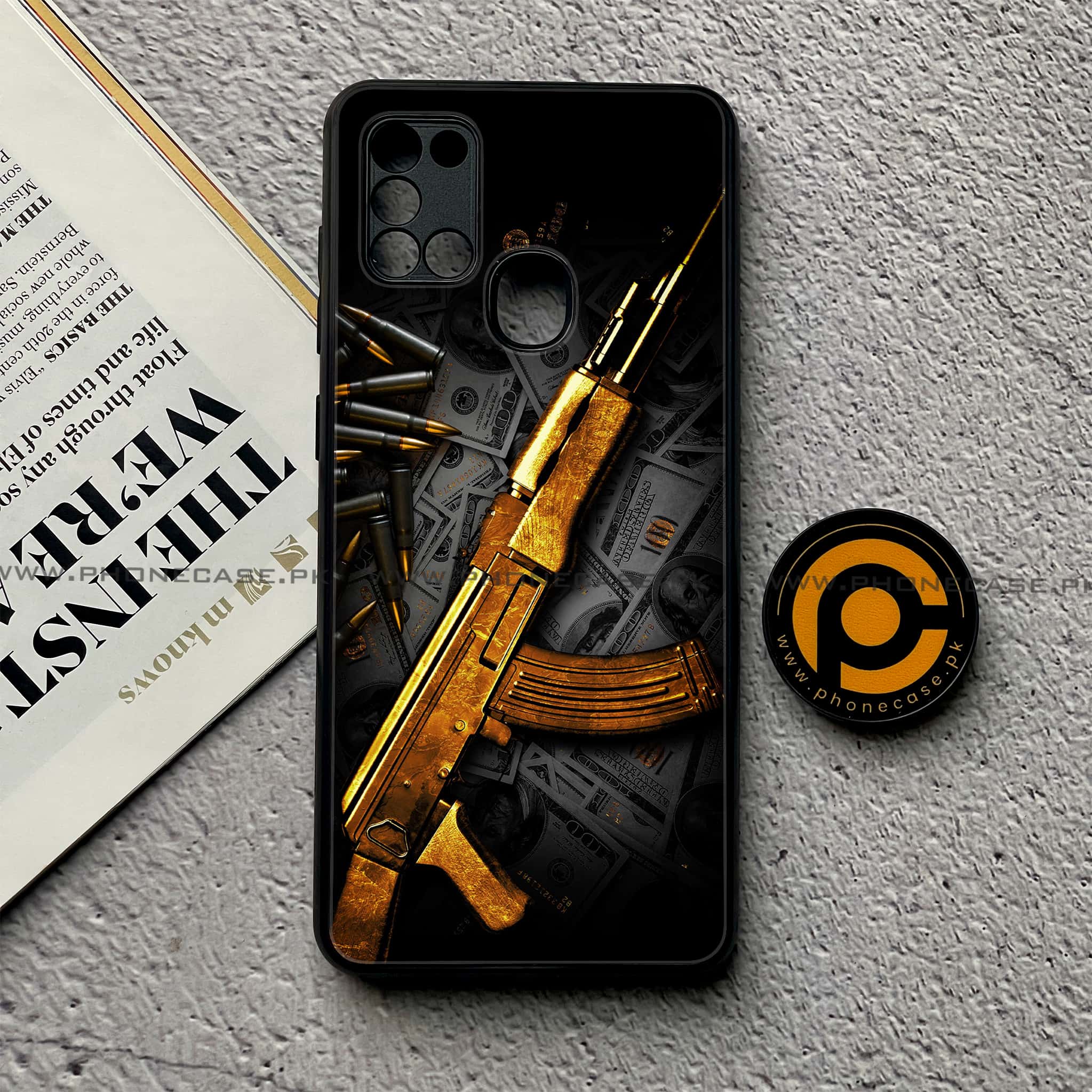 Samsung Galaxy A21s - Dollar Series - Premium Printed Glass soft Bumper shock Proof Case