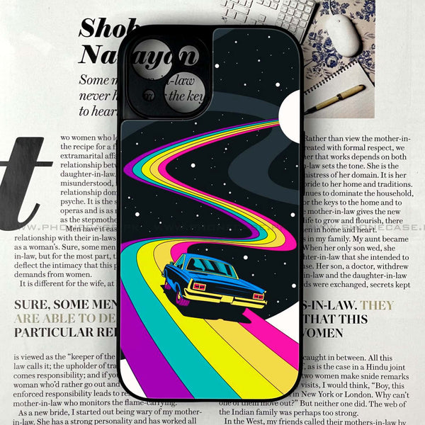 iPhone 14 - Drive To The Moon - Premium Printed Glass soft Bumper shock Proof Case