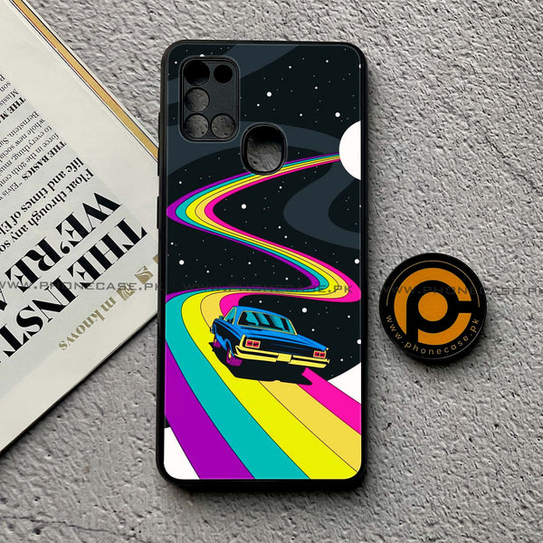 Samsung Galaxy A21s - Drive To The Moon - Premium Printed Glass soft Bumper Shock Proof Case