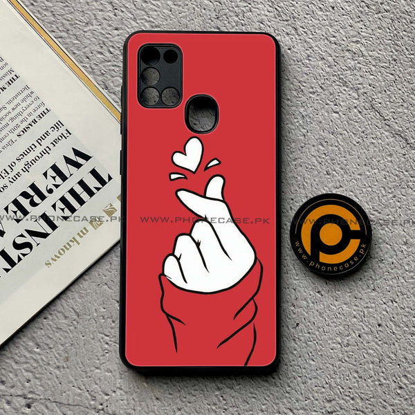 Samsung Galaxy A21s - Finger Heart BTS - Premium Printed Glass soft Bumper Shock Proof Case