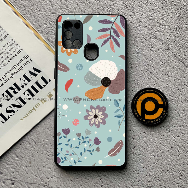 Samsung Galaxy A21s - Floral Series Design 5 - Premium Printed Glass soft Bumper Shock Proof Case
