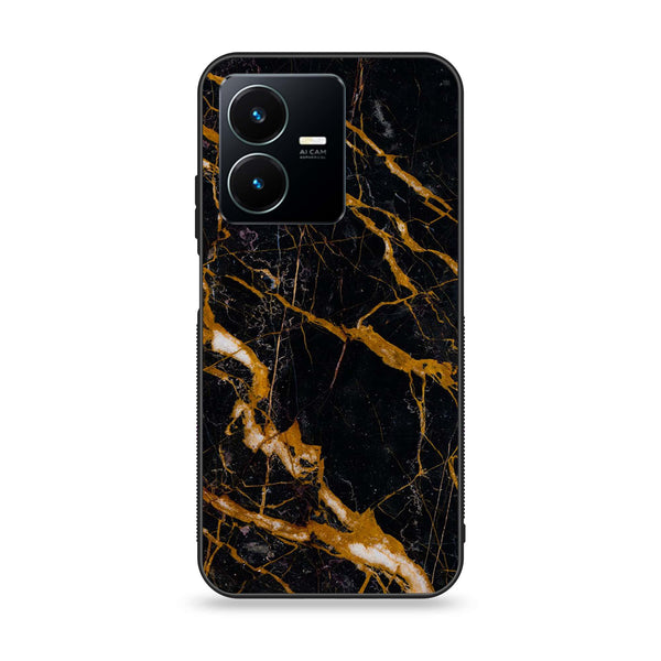 Vivo Y22 - Golden Black Marble - Premium Printed Glass soft Bumper Shock Proof Case