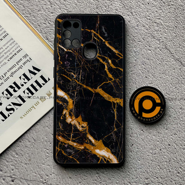 Samsung Galaxy A21s - Golden Black Marble - Premium Printed Glass soft Bumper Shock Proof Case