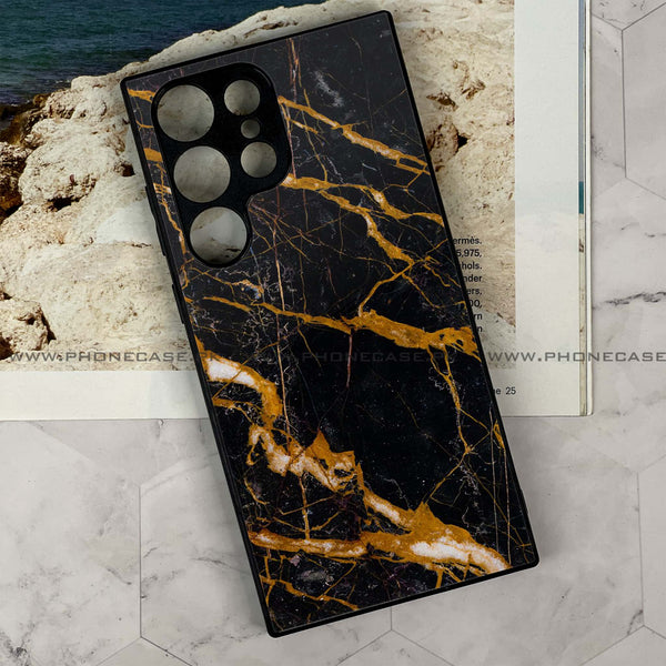 Samsung Galaxy S23 Ultra - Golden Black Marble - Premium Printed Glass soft Bumper Shock Proof Case