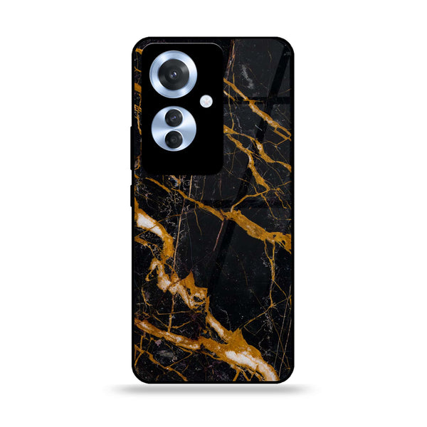 Oppo Reno 11F - Golden Black Marble -  Premium Printed Metal soft Bumper shock Proof Case  CS-19393