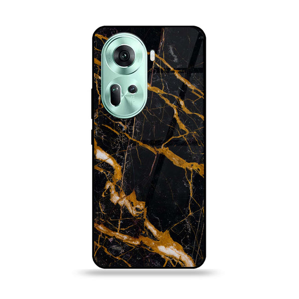 Oppo Reno 11 5G - Golden Black Marble -  Premium Printed Metal soft Bumper shock Proof Case