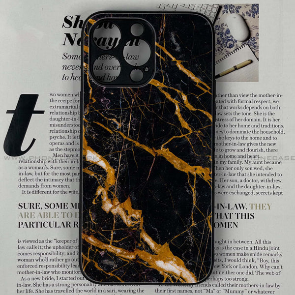 iPhone 14 Pro -  Golden Black Marble - Premium Printed Glass soft Bumper shock Proof Case