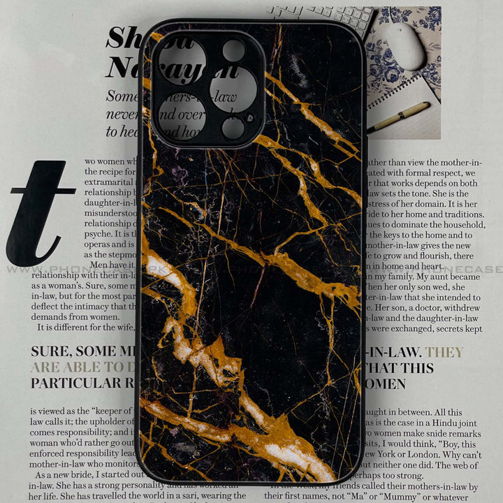 iPhone 16 Pro Max - Golden Black Marble - Premium Printed Metal soft Bumper shock Proof Cas