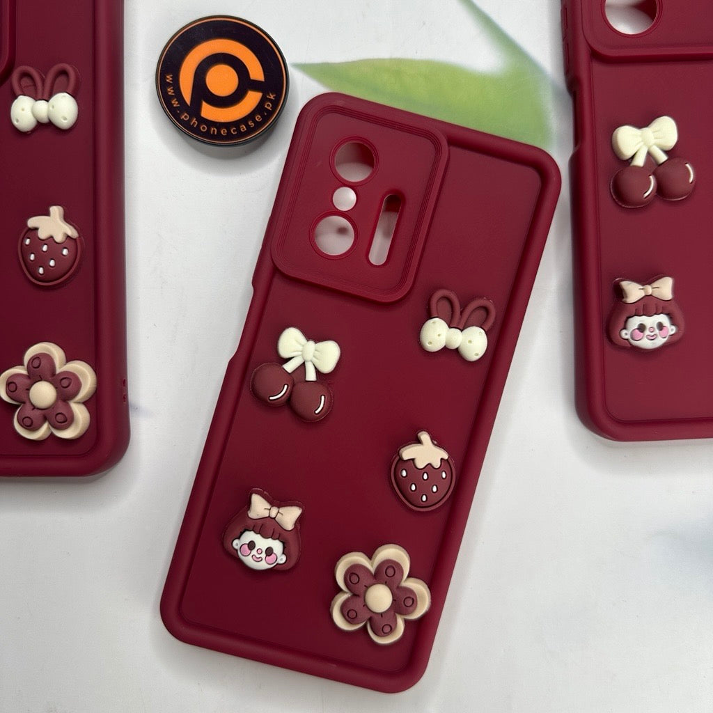 Redmi 11T/ 11T Pro - Cute 3D Cherry Flower Icons Silicon Case