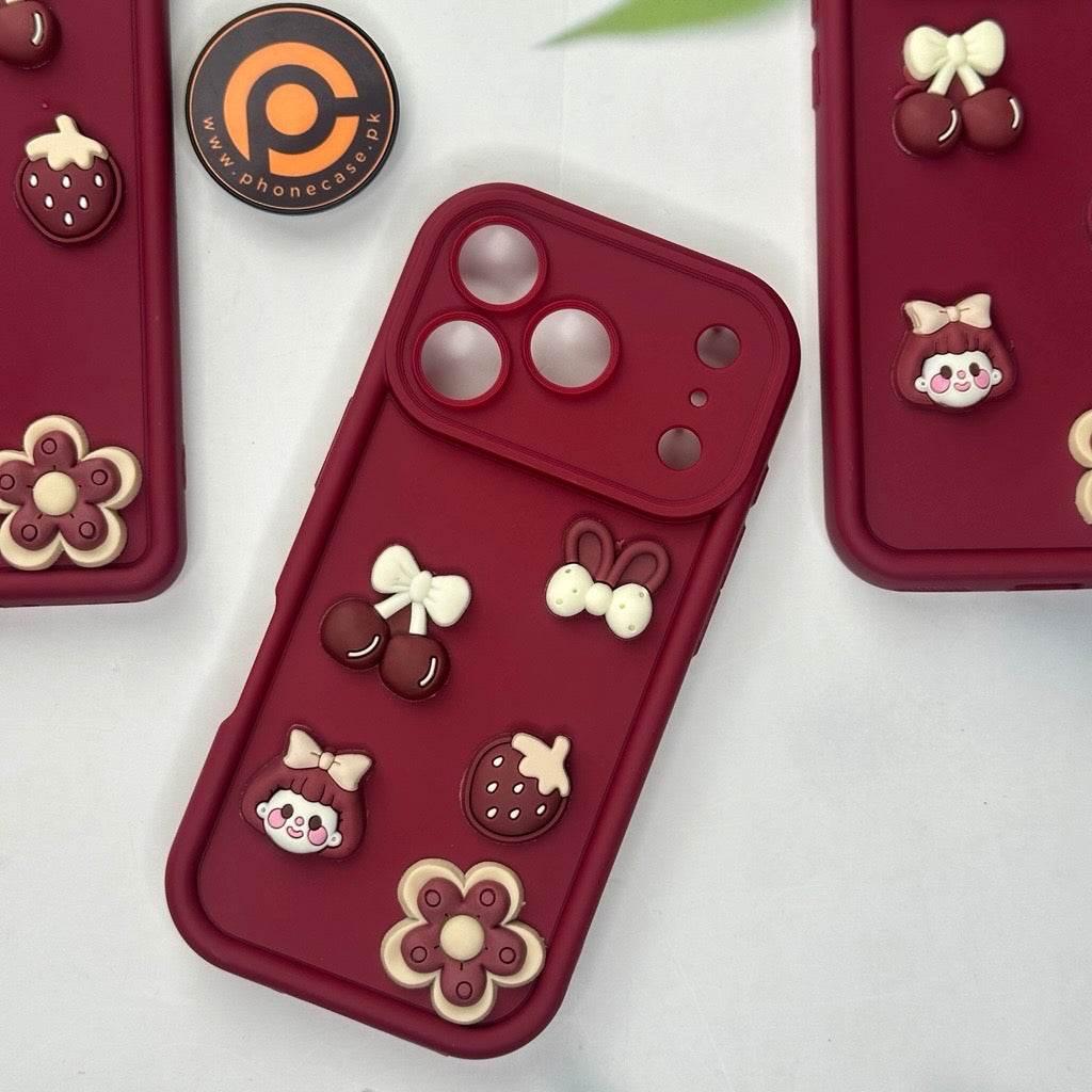 iPhone 17 Pro - Cute 3D Cherry Flower Icons Silicon Case