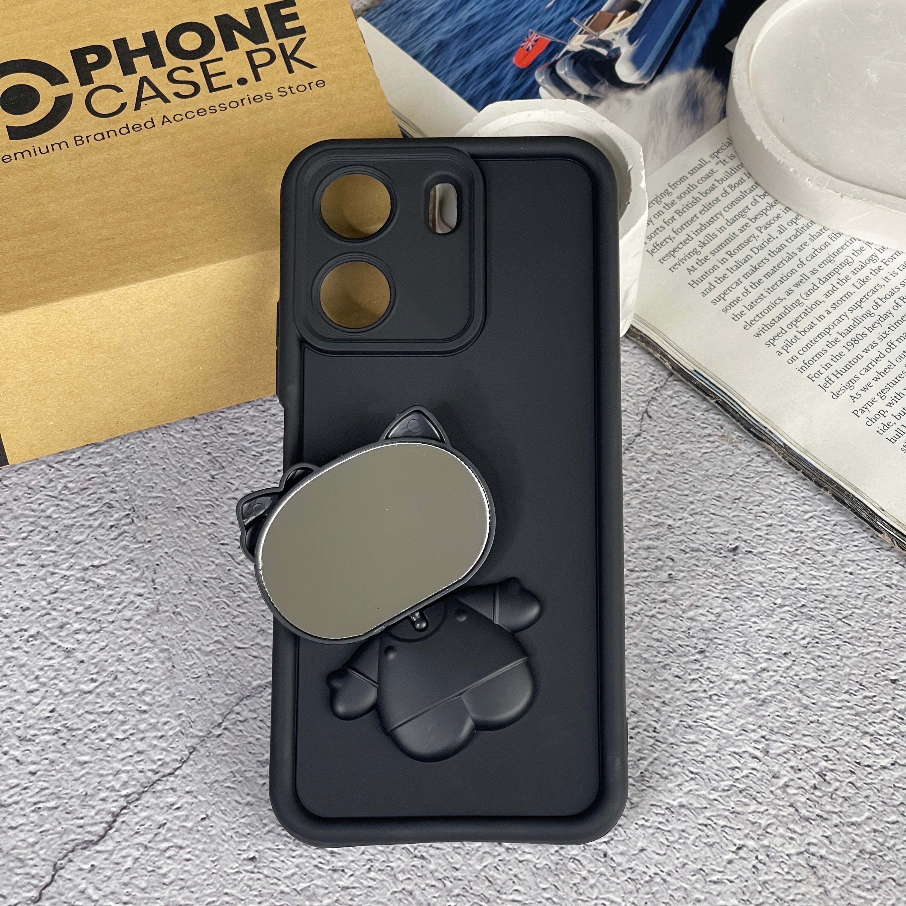 Redmi 13c - 3D Cute Kitty Case with Built-In Mirror & Stand
