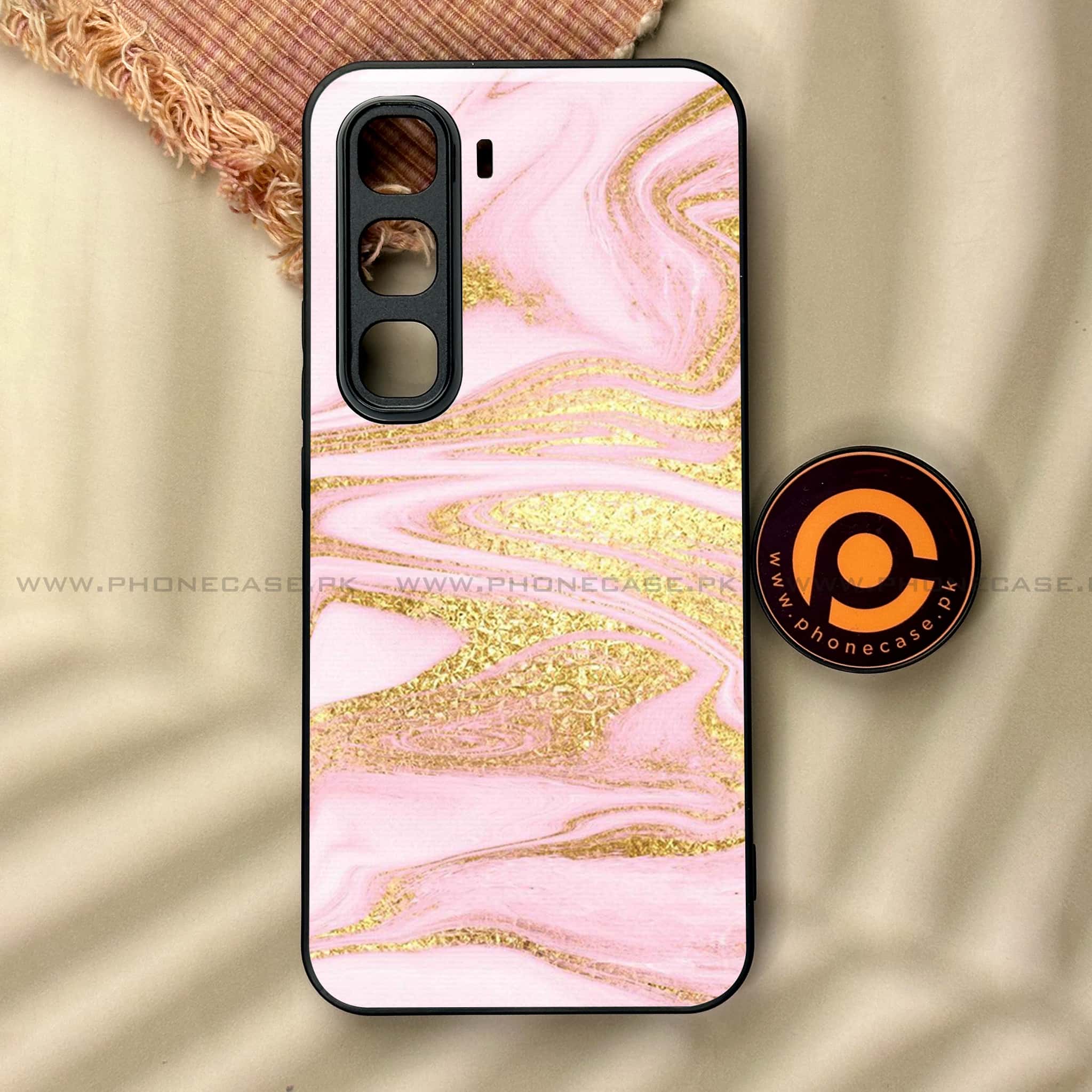 Infinix Hot 60 Pro - Pink Marble Series - Premium Metal Printed soft Bumper shock Proof Case