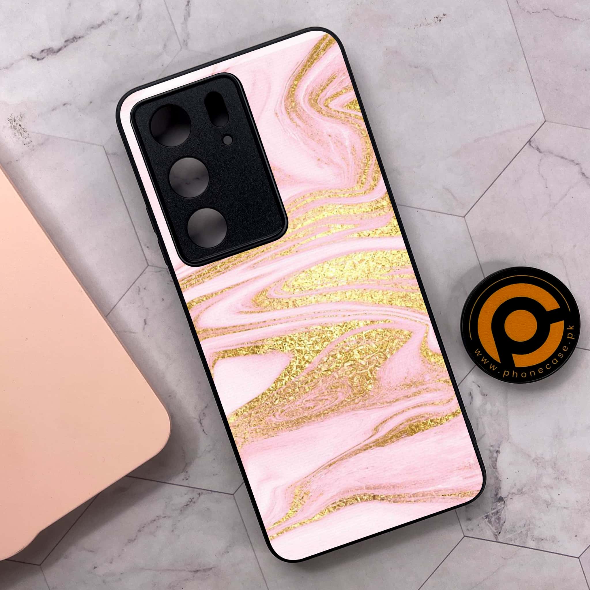 Realme C75x 4G - Pink Marble Series - Premium Metal Printed soft Bumper shock Proof Case