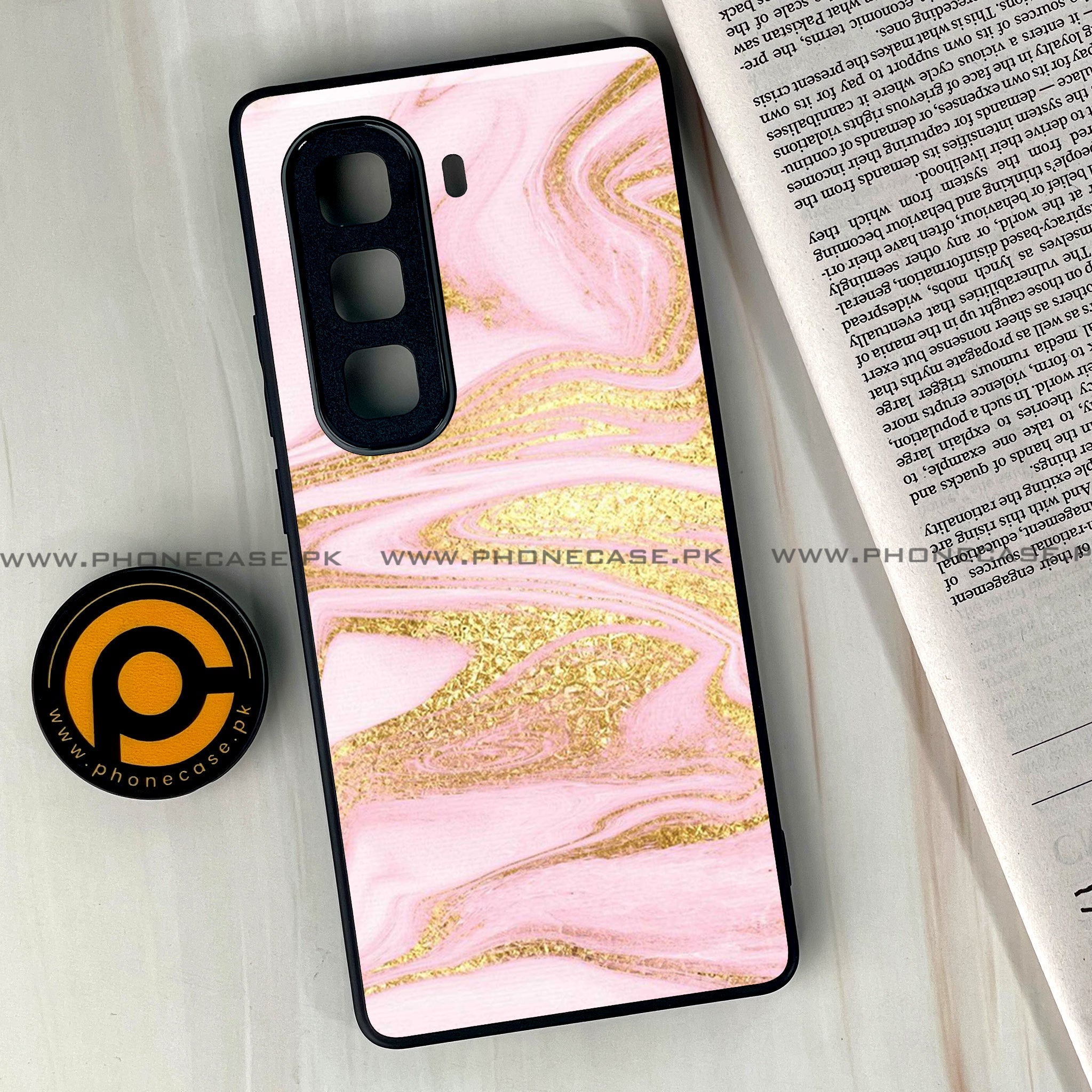 Infinix Hot 60 Pro Plus - Pink Marble Series - Premium Metal Printed soft Bumper shock Proof Case