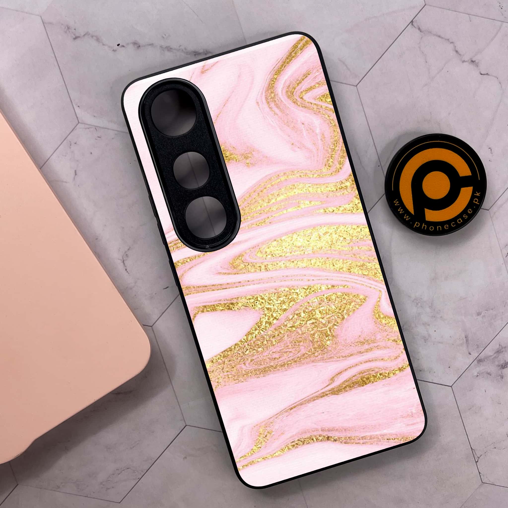 Vivo V50 Lite - Pink Marble Series - Premium Metal Printed soft Bumper shock Proof Case