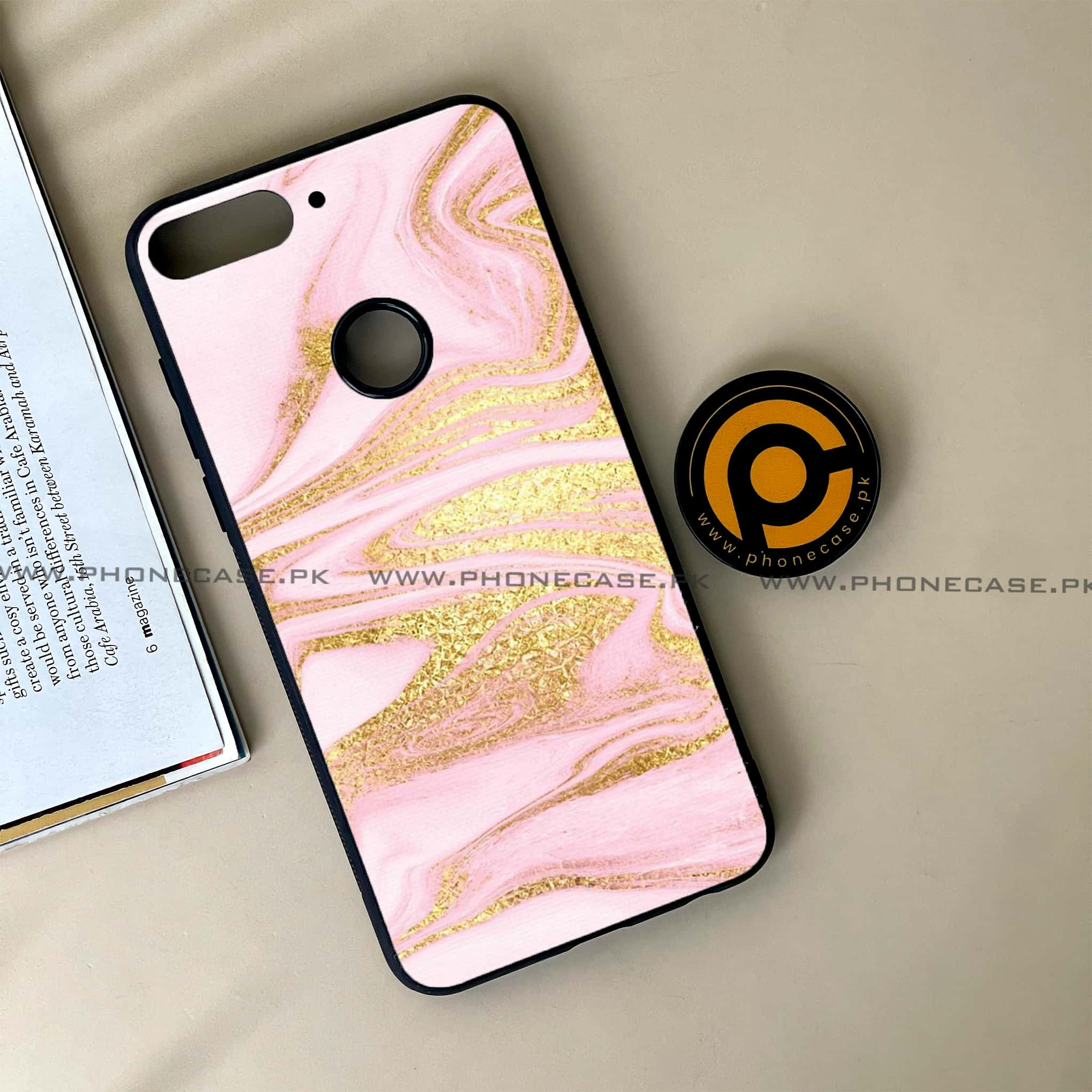 Huawei Y7 Prime (2018) -  Pink Marble Series - Premium Printed Glass soft Bumper shock Proof Case