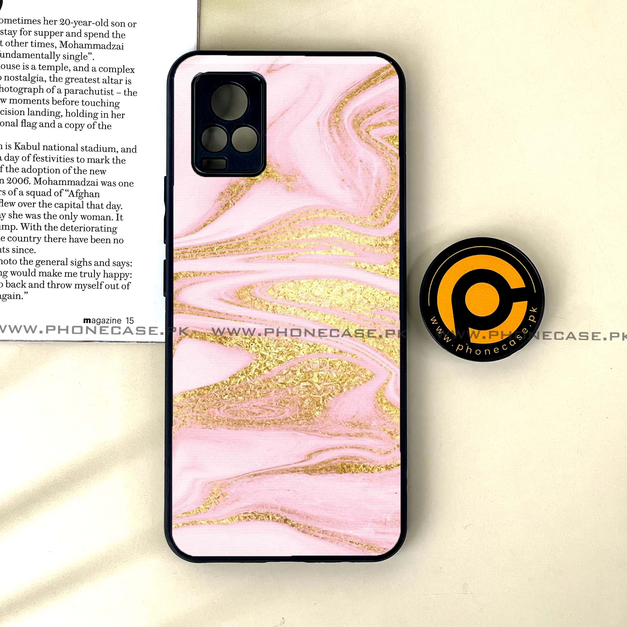 Vivo V20 - Pink Marble Series - Premium Printed Glass soft Bumper shock Proof Case