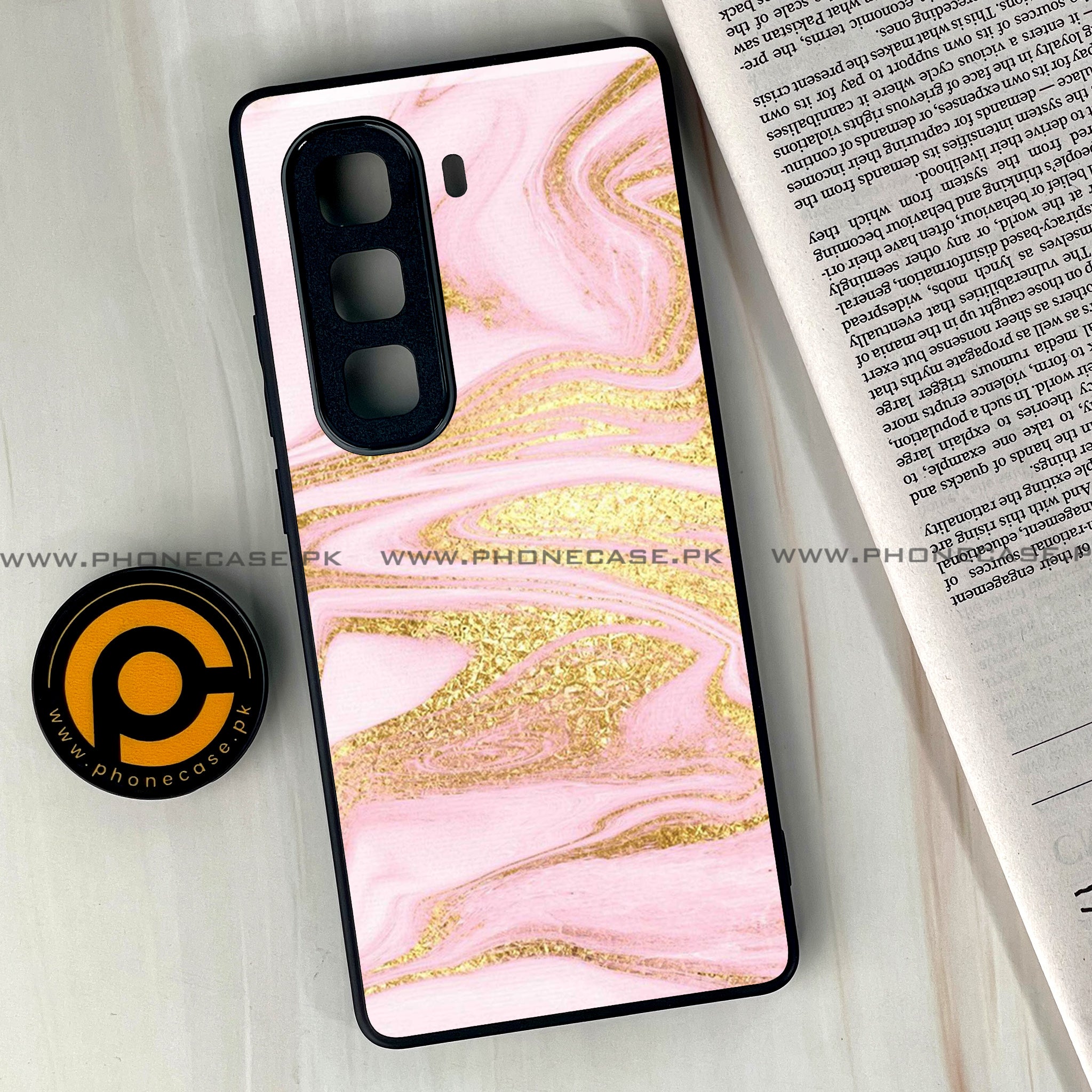 Infinix Hot 50 Pro Plus - Pink Marble Series - Premium Printed Glass soft Bumper shock Proof Case