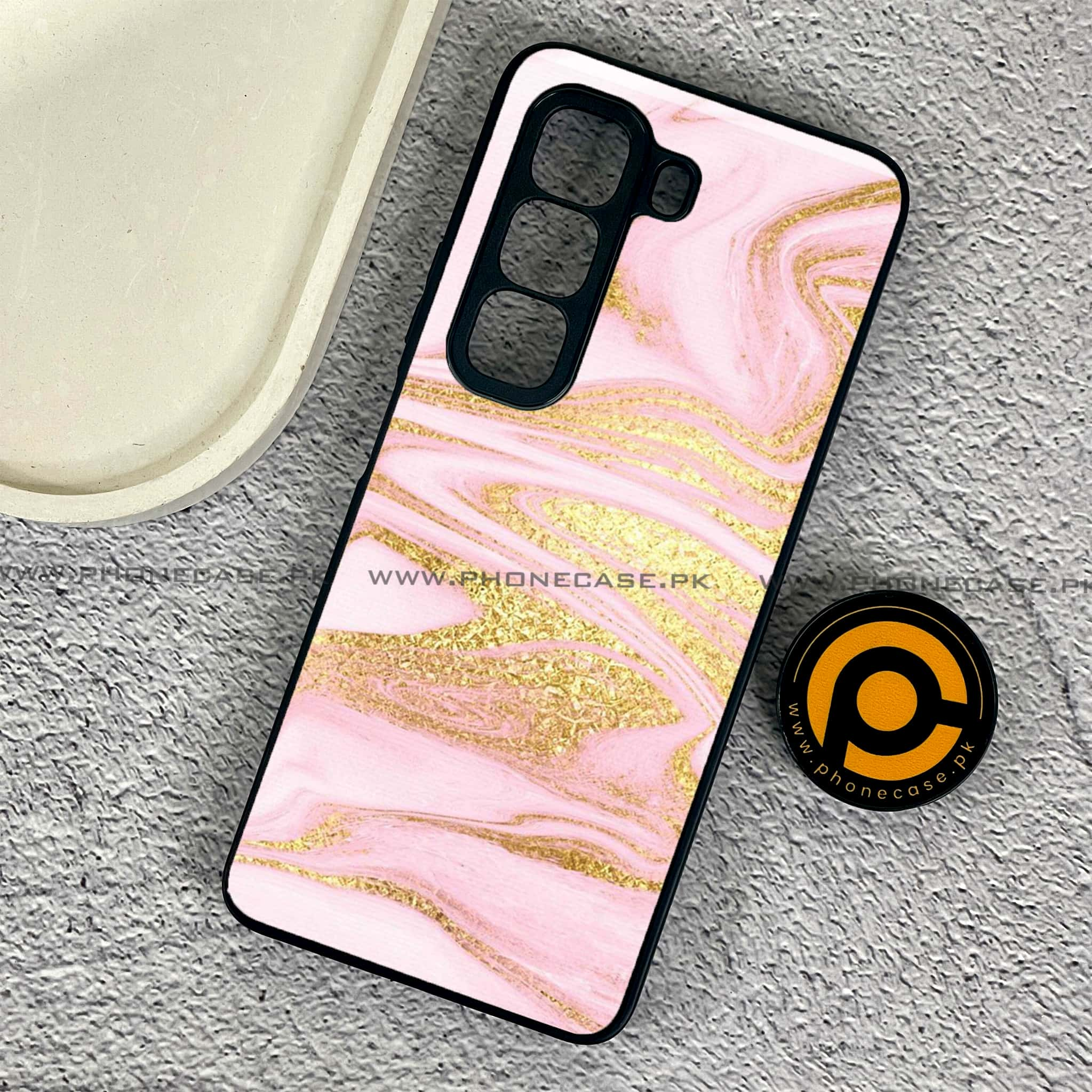 Infinix Hot 50 Pro - Pink Marble Series - Premium Printed Glass soft Bumper shock Proof Case