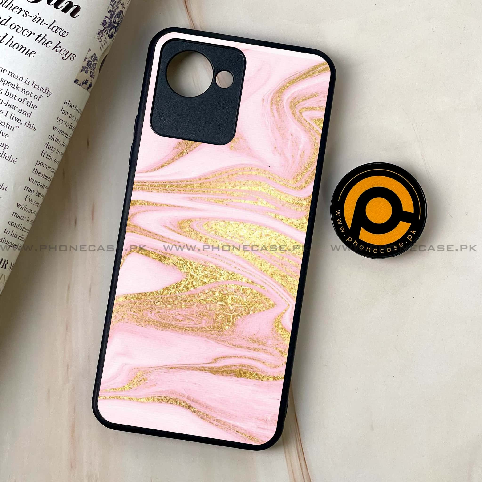 Realme C30 - Pink Marble Series - Premium Printed Glass soft Bumper shock Proof Case