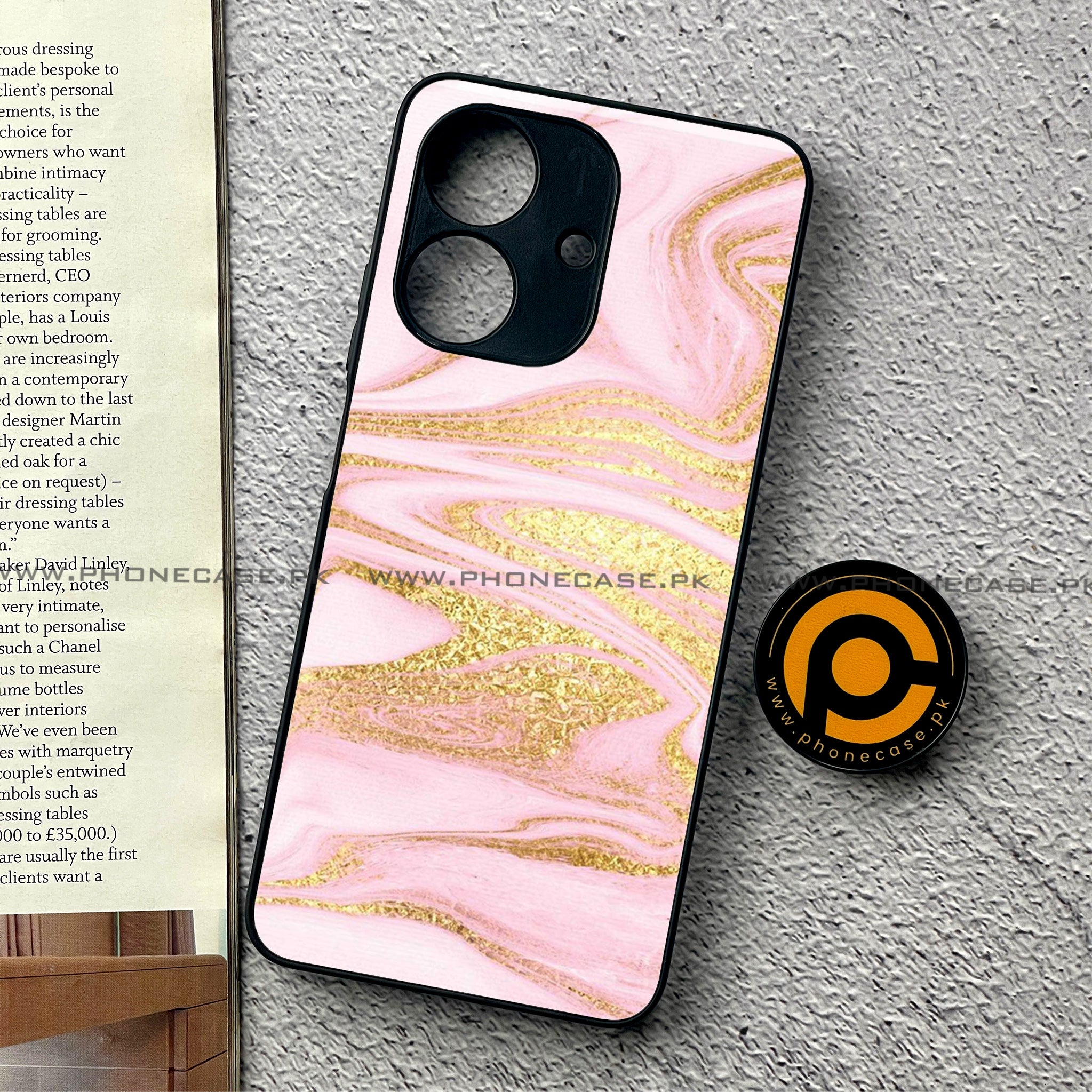 Realme Note 60 - Pink Marble Series - Premium Printed Glass soft Bumper shock Proof Case