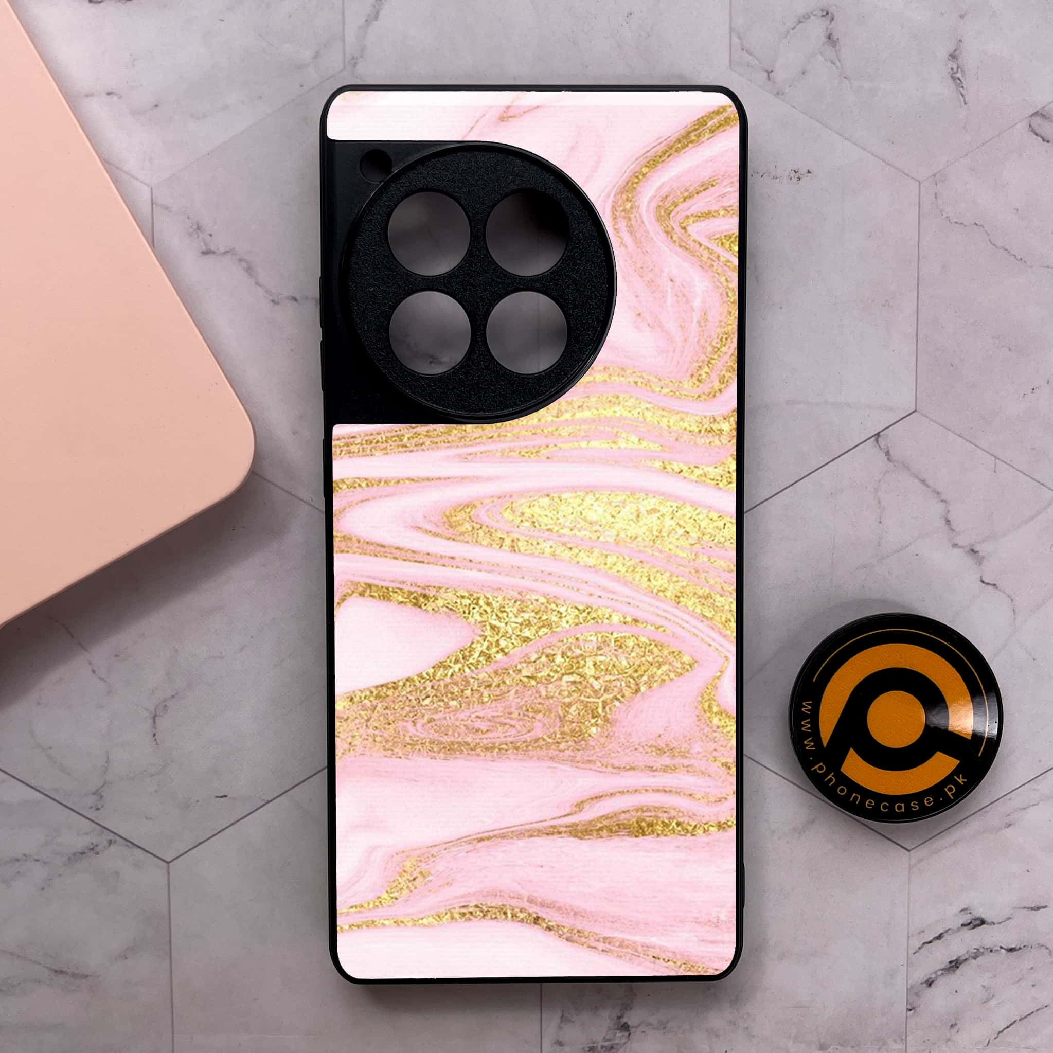 OnePlus 12R - Pink Marble Series - Premium Metal Printed soft Bumper shock Proof Case
