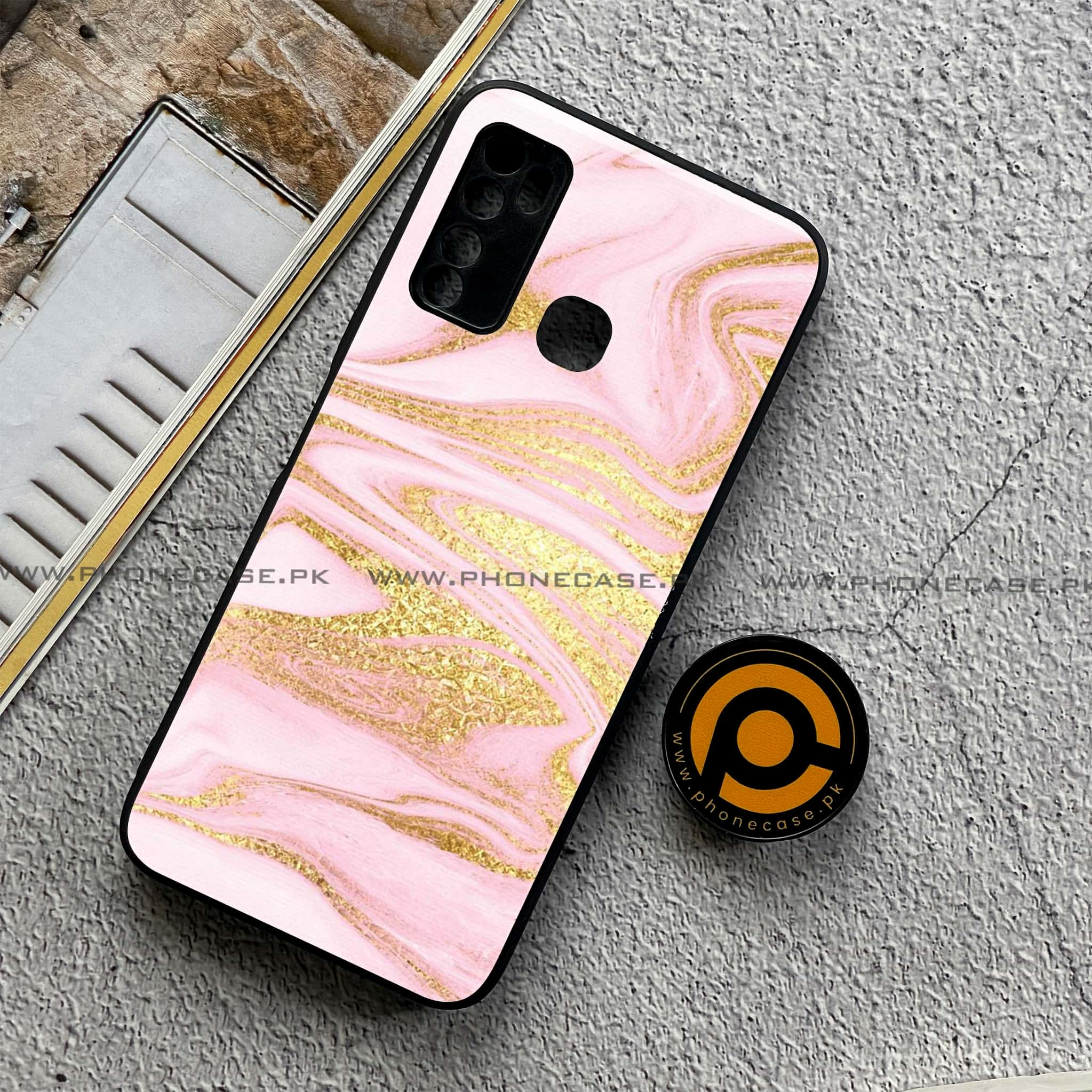 Infinix Note 7 Lite - Pink Marble Series - Premium Printed Metal soft Bumper shock Proof Case