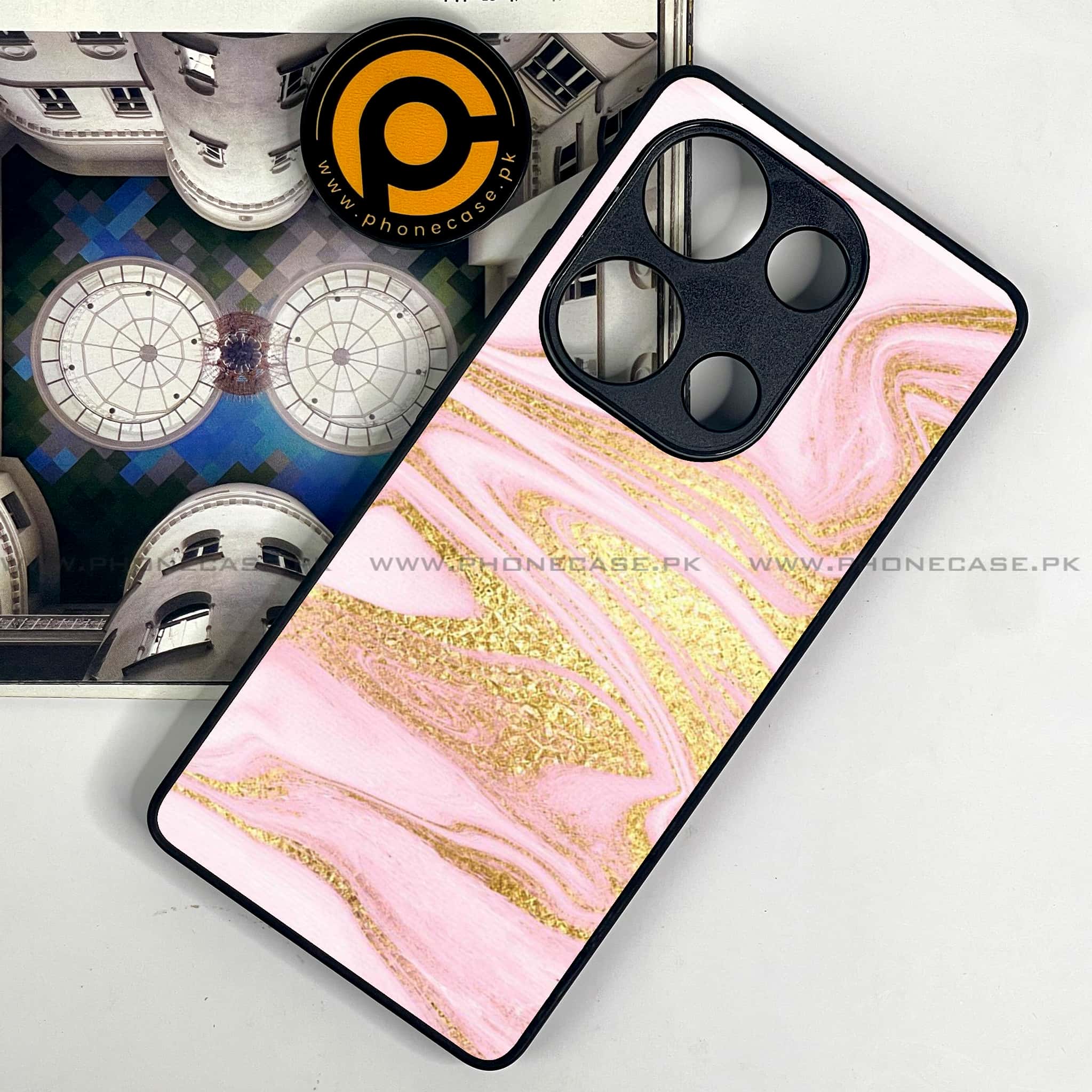 Redmi Note 13 Pro 4G - Pink Marble Series - Premium Metal Printed soft Bumper shock Proof Case
