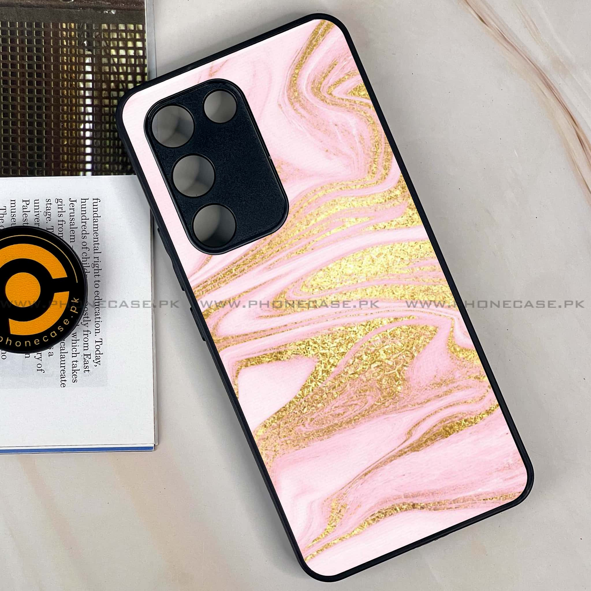 Vivo Y100 - Pink Marble Series - Premium Printed Glass soft Bumper shock Proof Case