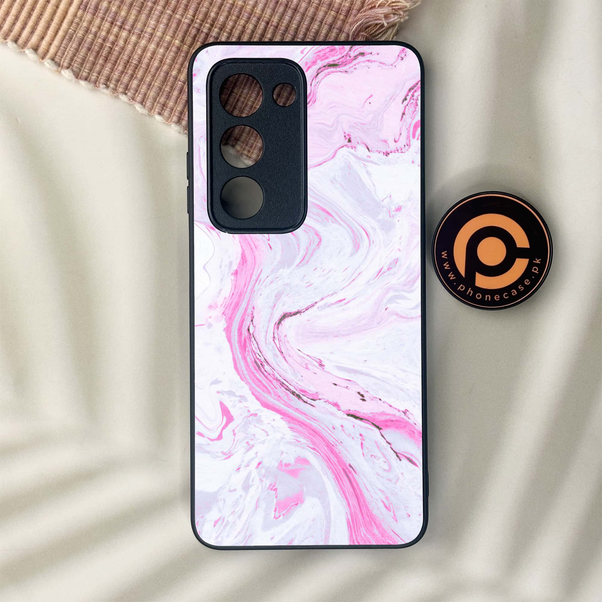 Oppo A5 2025 - Pink Marble Series - Premium Metal Printed soft Bumper shock Proof Case
