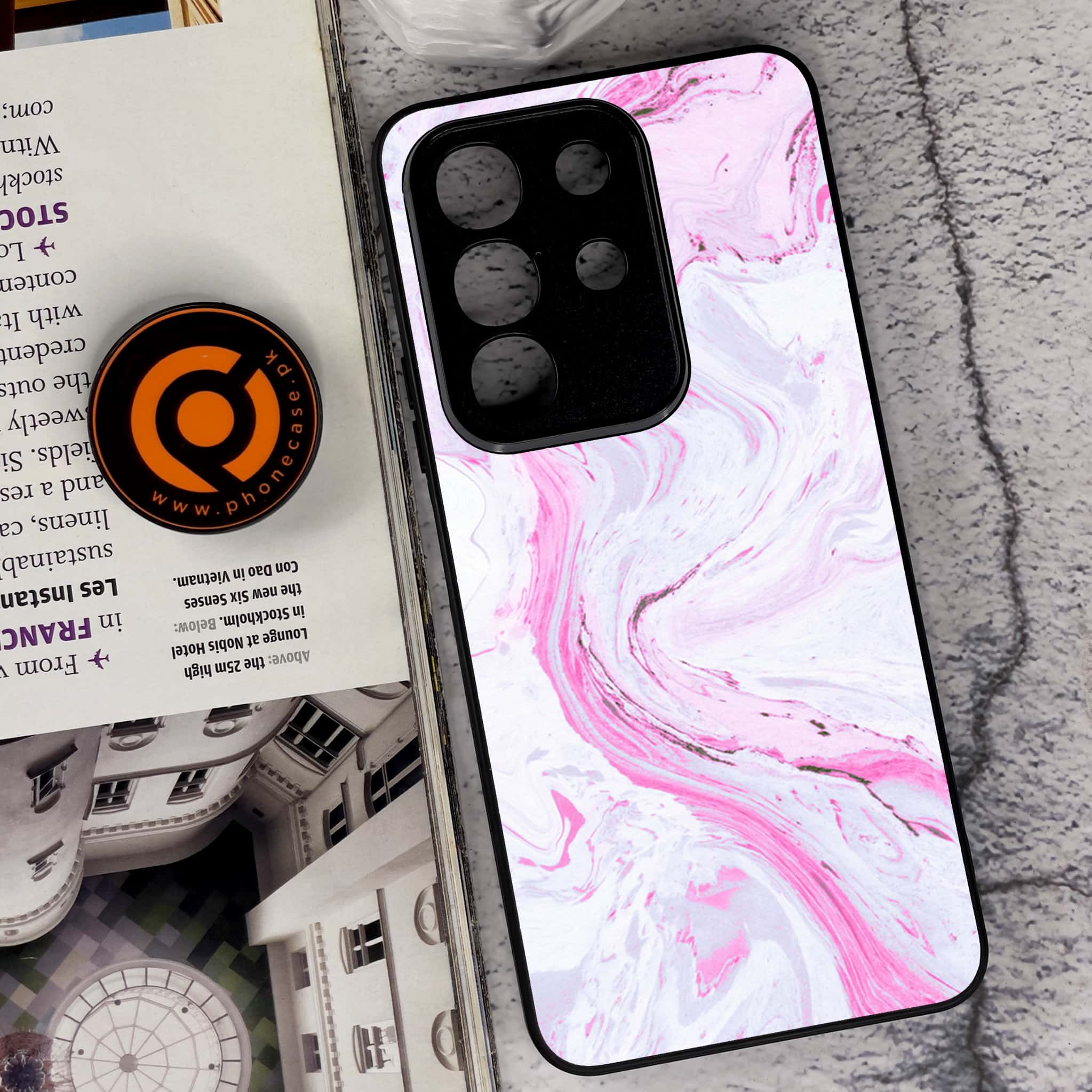 Vivo Y29 4G - Pink Marble Series - Premium Metal Printed soft Bumper Shock Proof Case