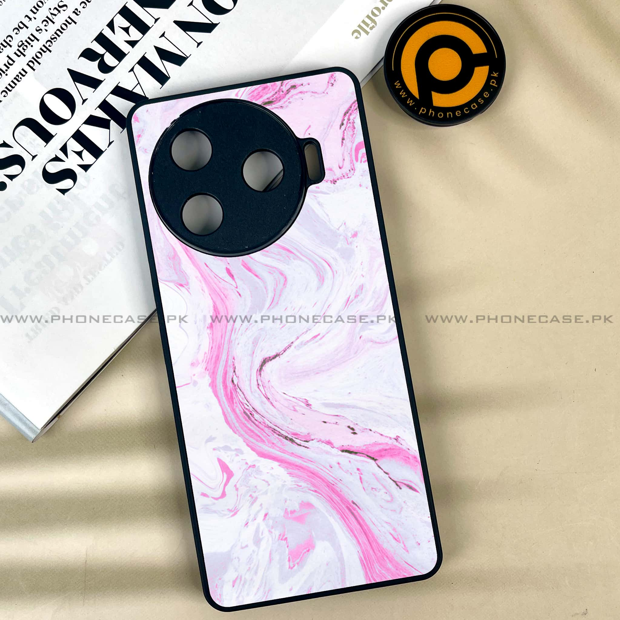 Tecno Camon 30 Pro - Pink Marble Series - Premium Printed Glass soft Bumper shock Proof Case