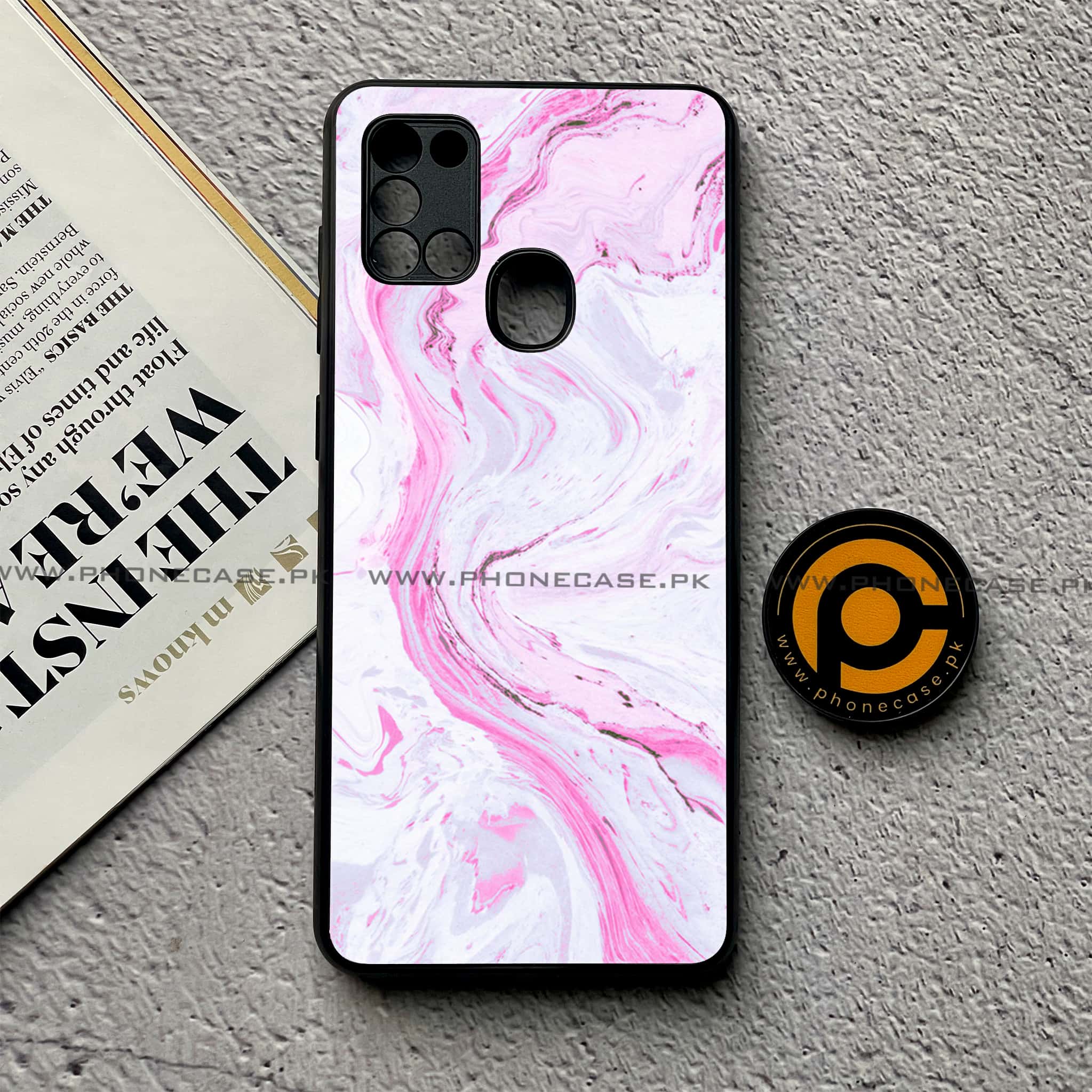 Samsung Galaxy A21s - Pink Marble Series - Premium Printed Glass soft Bumper shock Proof Case