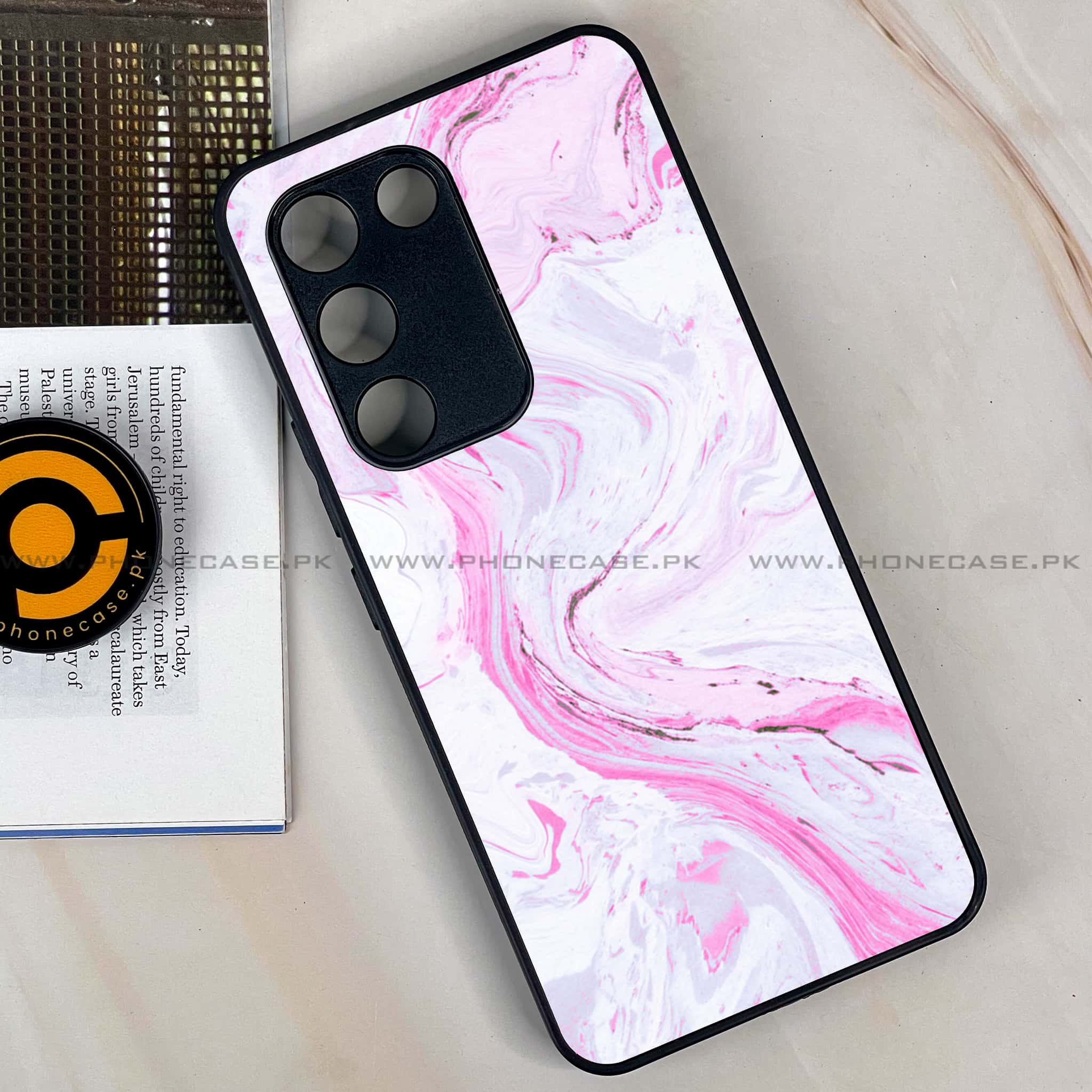Vivo Y200e - Pink Marble Series - Premium Metal Printed soft Bumper shock Proof Case