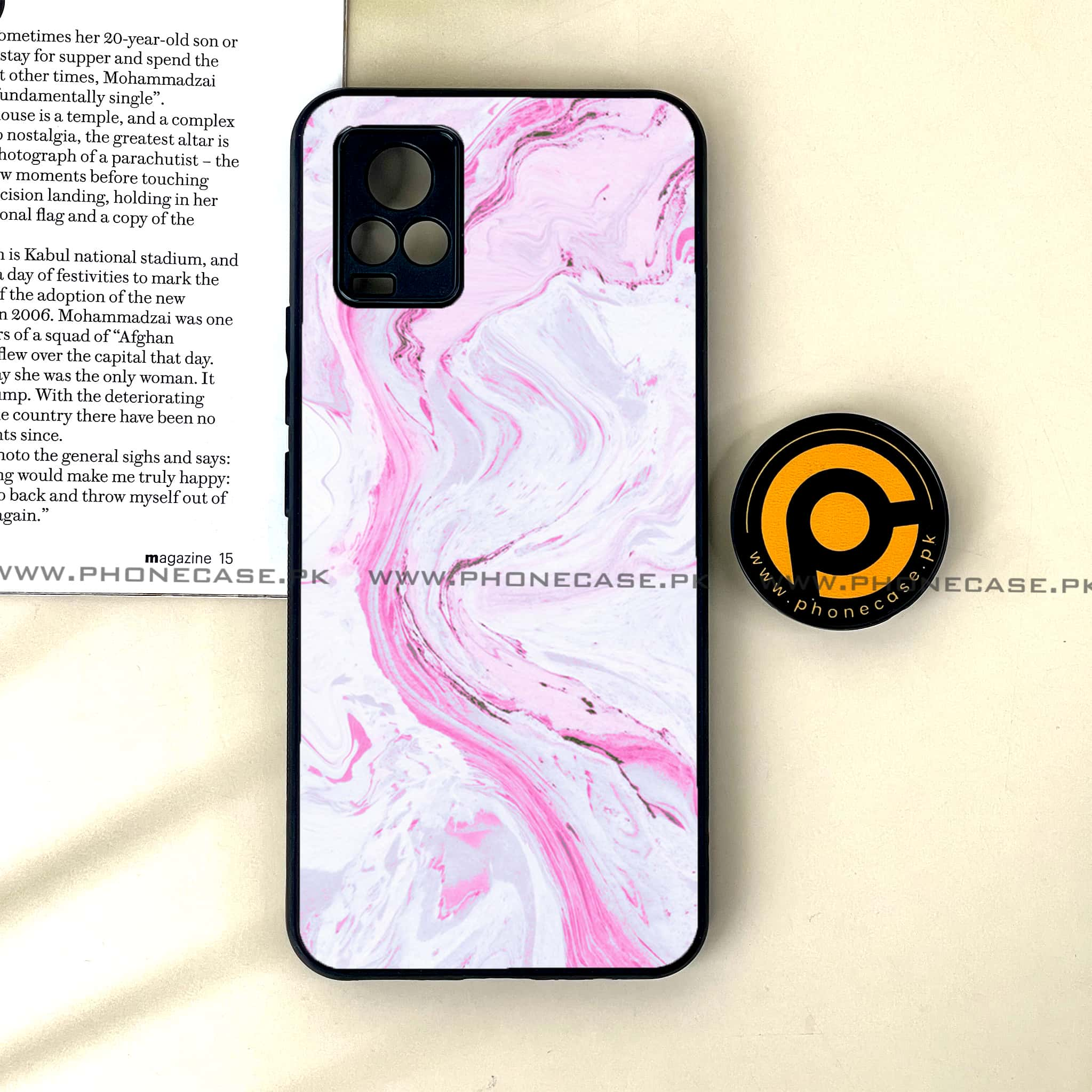 Vivo V20 - Pink Marble Series - Premium Printed Glass soft Bumper shock Proof Case